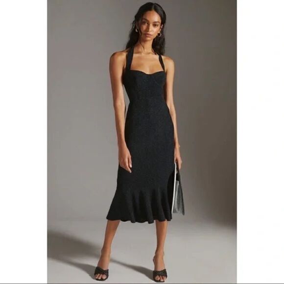 NEW Anthropologie Hutch Black Flirty Halter Corset Ruffle Midi Dress Large - Picture 2 of 9